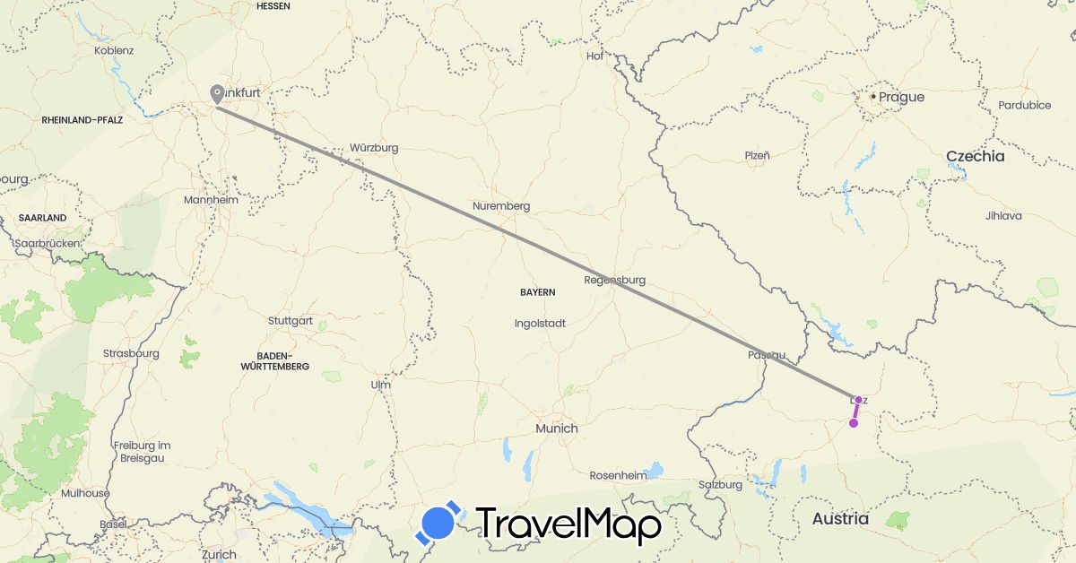 TravelMap itinerary: driving, plane, train in Austria, Germany (Europe)